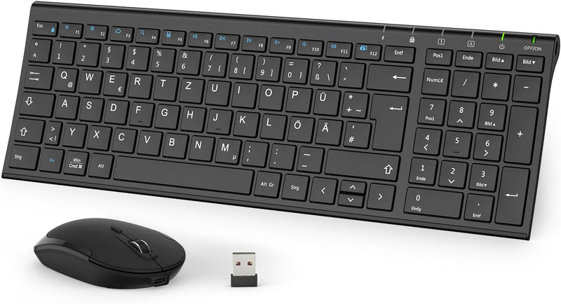 iClever 2.4G Tastatur Maus Set Kabellos, Aluminium Wireless Slim Tastatur QWERTZ Layout (Deutsch), f