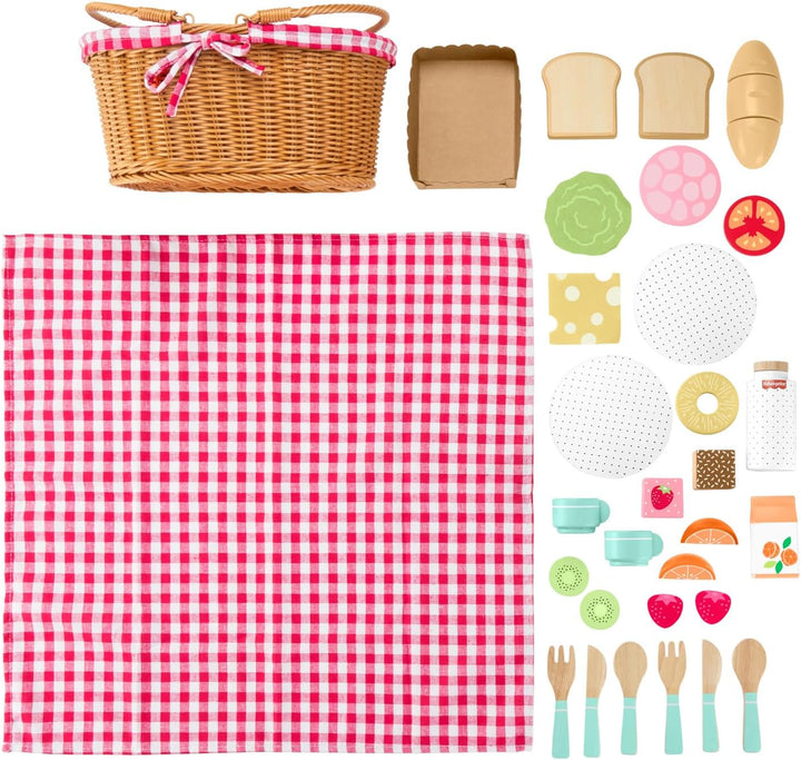 Fisher-Price Picknickkorb-Set aus Holz für Rollenspiele, 31 Holzteile für Kindergartenkinder ab DREI