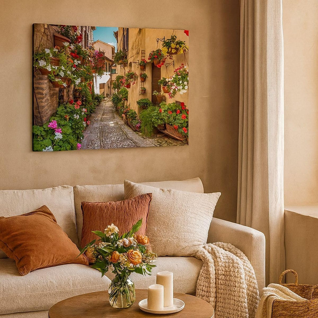 ARTTOR Bilder auf Leinwand 100x70cm Leinwandbild Path Blumen Haus Hof Gross Wanddeko Bild Schlafzimm