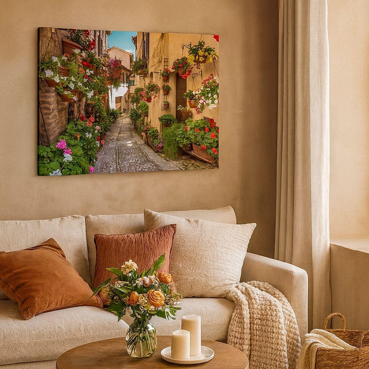 ARTTOR Bilder auf Leinwand 100x70cm Leinwandbild Path Blumen Haus Hof Gross Wanddeko Bild Schlafzimm