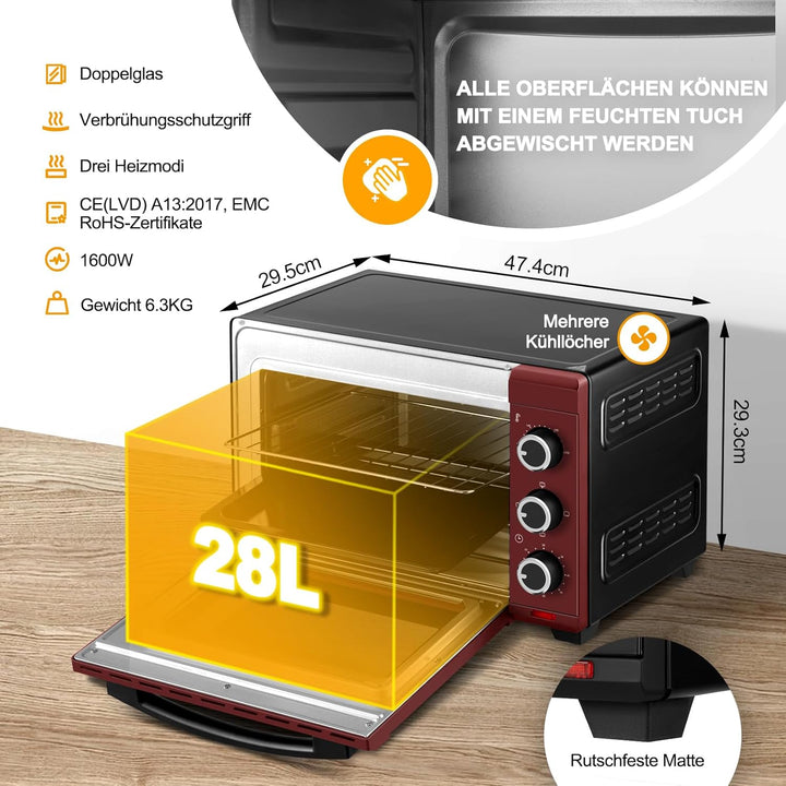 WOLTU Mini Backofen 28 L, Pizzaofen 1600 W, 100-230 °C, Timer 0-60 Min., 3 Heizmodi, inkl. Backblech