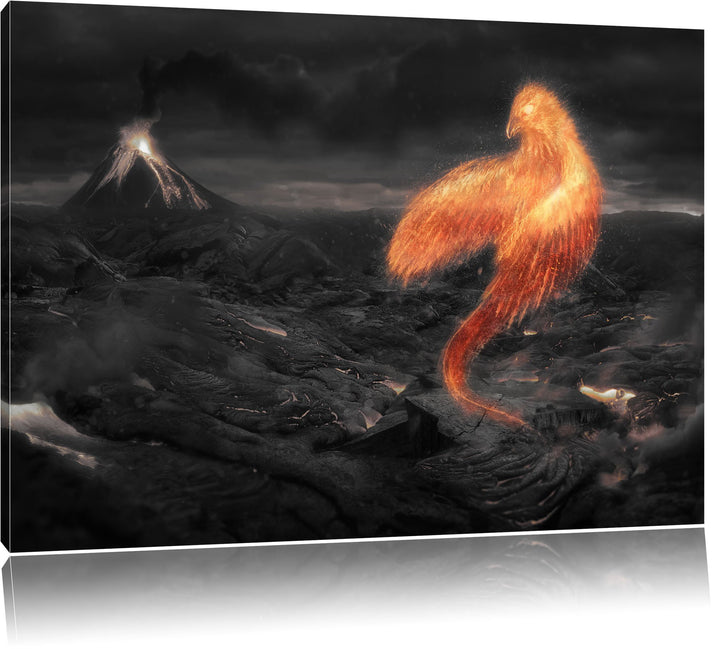 Pixxprint Brennender Phönix Vulkanlandschaft als Leinwandbild/Grösse: 100x70 / Wandbild/Kunstdruck/f