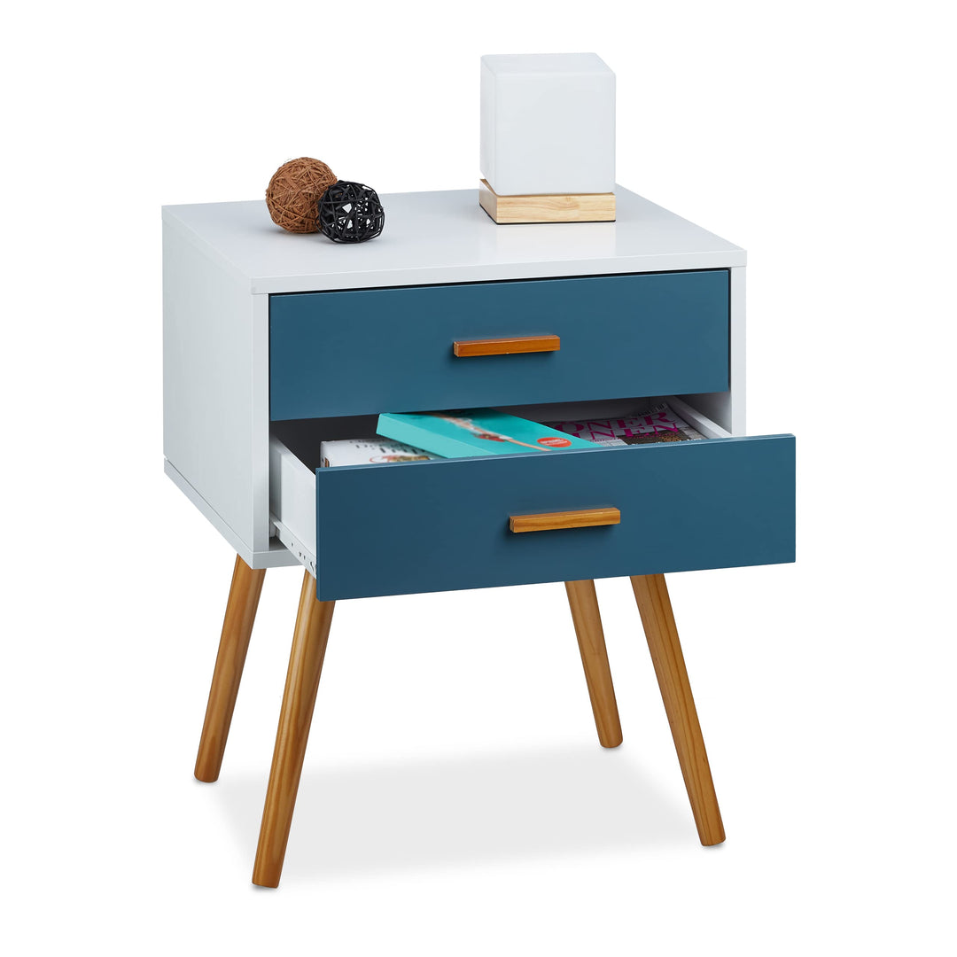 Relaxdays Beistellschrank Skandinavisches Design, 2 Schubladen, Retro HBT: 58 x 41 x 48 cm, matt lac