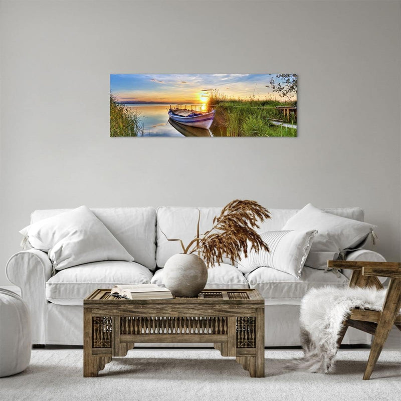 Panorama Bilder auf Leinwand See Boot Wasser Leinwandbild mit Rahmen 90x30cm Wandbilder Dekoration W