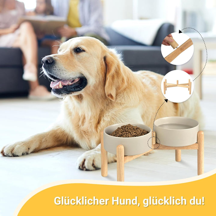 SPUNKYJUNKY Hundenapf Keramik Fressnapf Erhöhter Futternapf Wassernapf mit Bambus Ständer für mittel