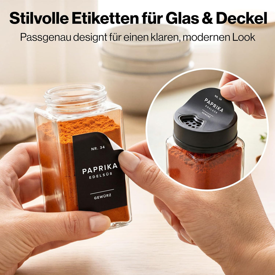 EDELHAUS Gewürzgläser Eckig Set mit Schwarzem Verstellbarerem Deckel (12 x 200 ml) Gewürzstreuer mit