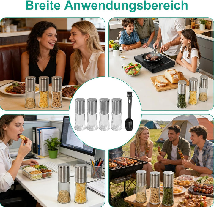 WRENYZK Salz und pfeffermühle 4er Set, Mini Salz und Pfeffermühle Edelstahl Gewürzmühle, Verstellbar