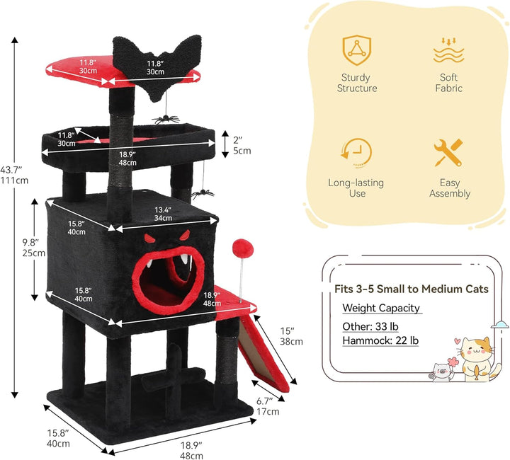 DWVO 111 cm Gothic-Katzenbaum für den Innenbereich mit Sargbett, geräumigem Katzenhaus, hängendem Sp