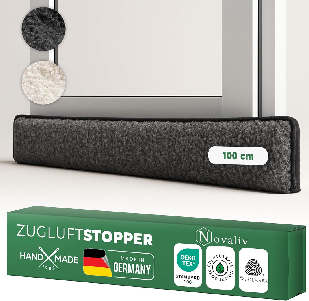 Zugluftstopper für Türen 100cm Anthrazit Schurwolle – stoppt Zugluft & Kälte, dämpft Lärm/Staub/Lich