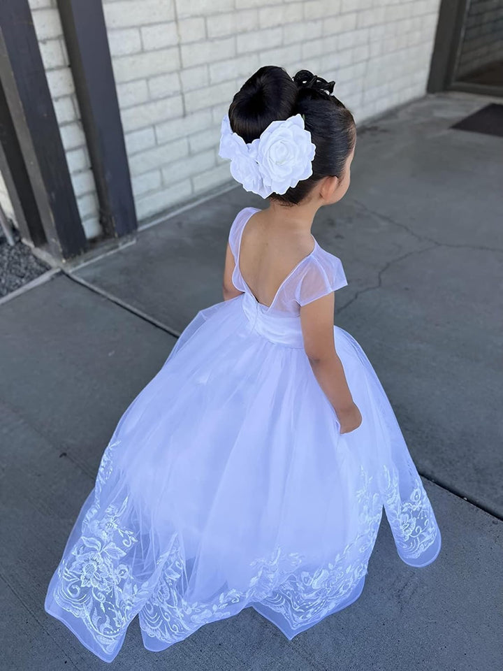 PLWEDDING Fancy Spitze Applikationen Blumenmädchen Kleid Kinder Hochzeitskleid Mädchen Prinzessin Tü