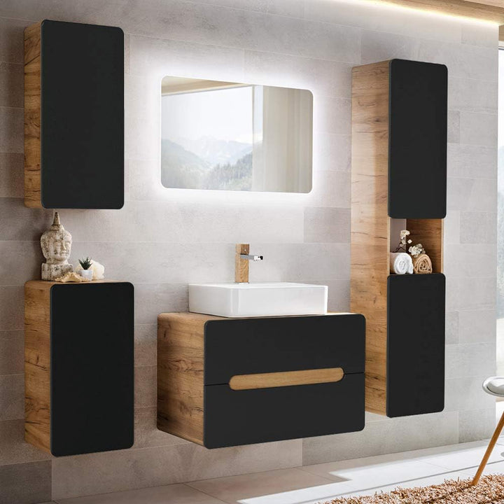 Lomadox Badezimmer Unterschrank in seidenmatt anthrazit mit Wotan Eiche Nb., B/H/T ca. 35/68/32 cm,