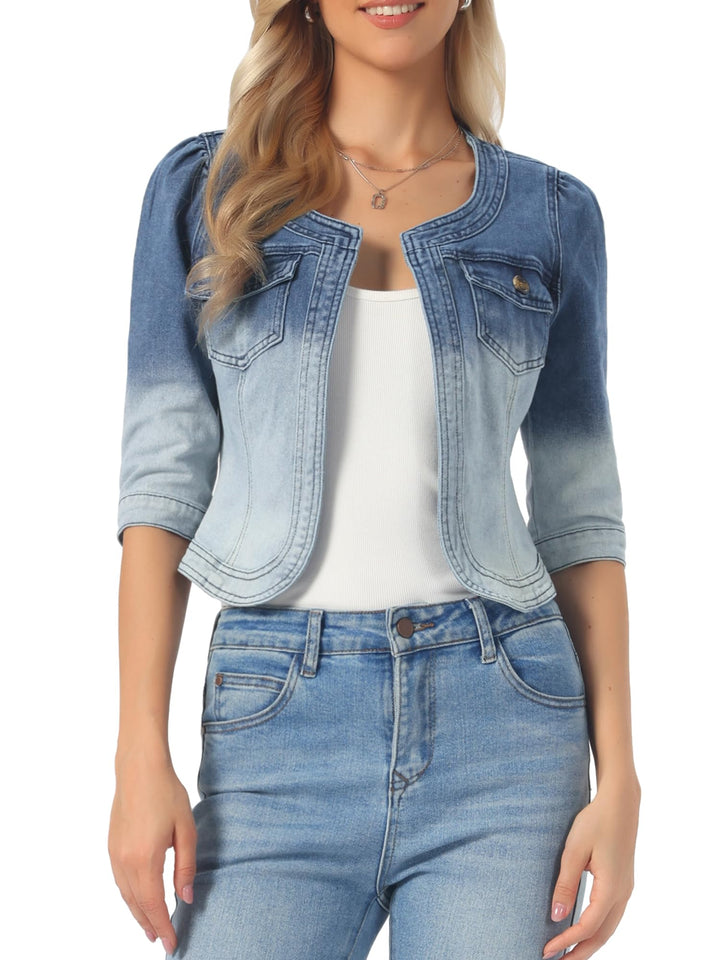 Allegra K Damen Jeansjacke 3/4 Ärmel Open Front Kragenlos Jacke mit Taschen S Blau Weiss, S Blau Wei