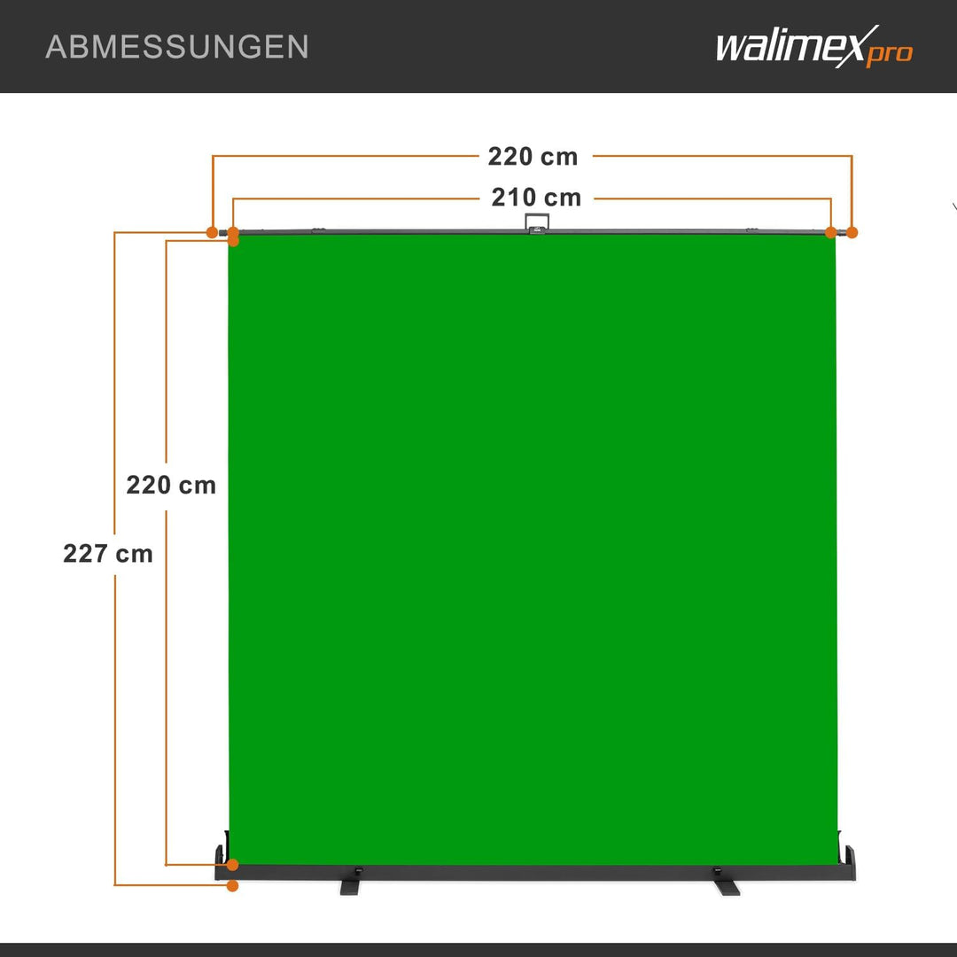 Walimex Pro Roll-Up Panel 210x220 cm Greenscreen mit Ständer I portabler, freistehender Fotohintergr