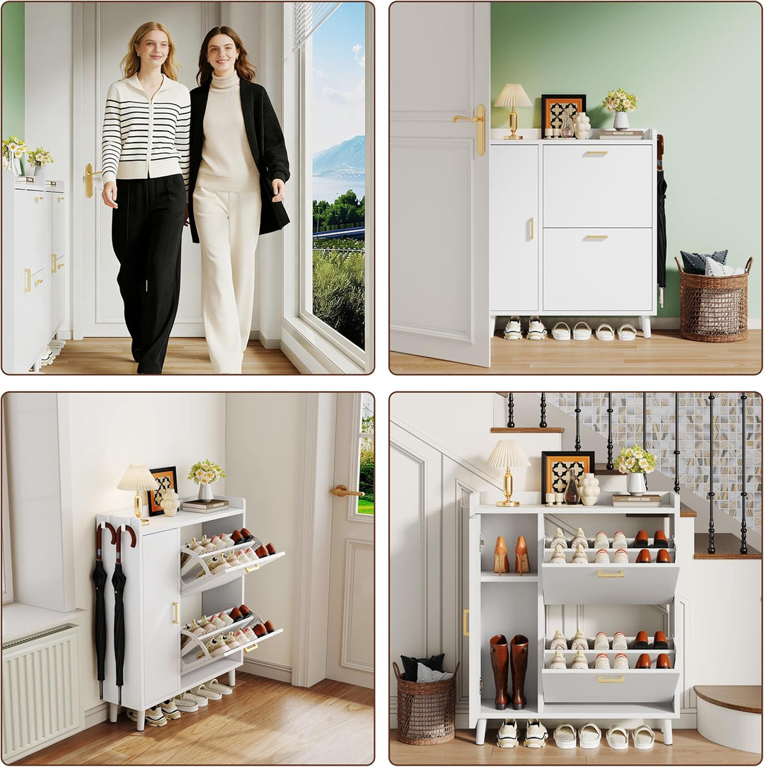 Schuhschrank mit 3 Klappen, Schmaler Schuhaufbewahrung mit Griffen,Freistehendes Schuhregal mit Mass