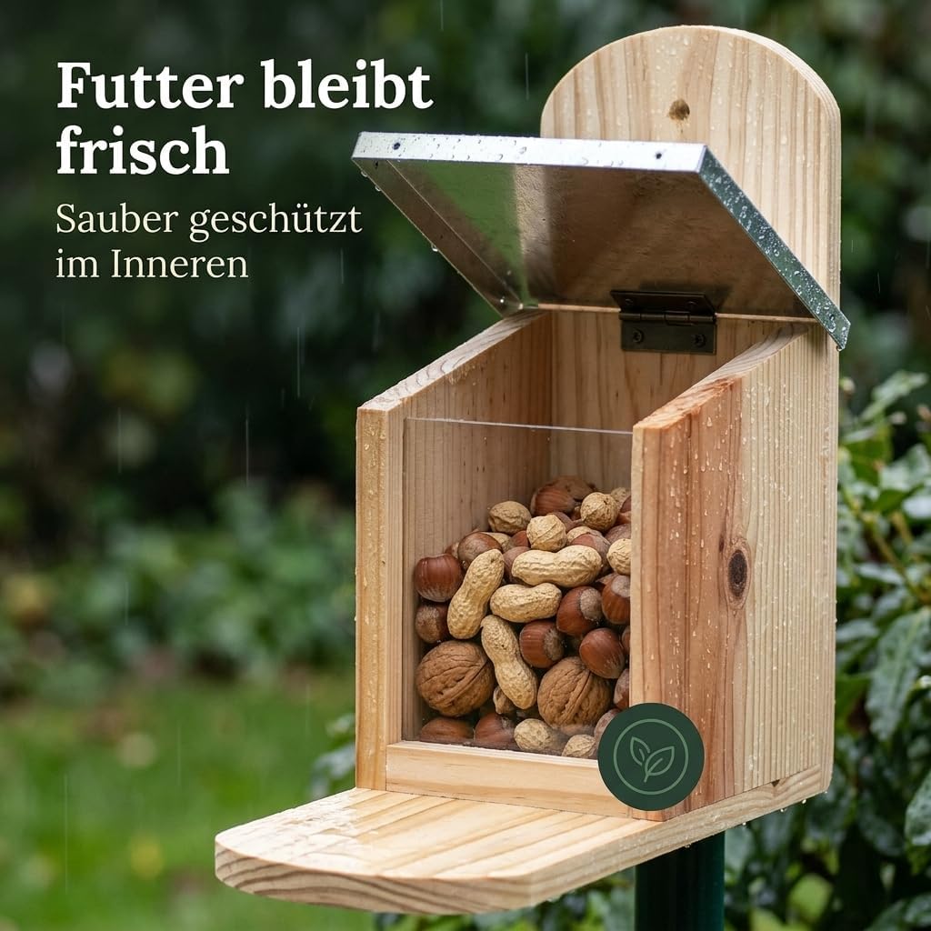 MIJOMA Futterstation für Eichhörnchen – mit Metall-Klappdeckel – aus Tannenholz – für Garten, Balkon