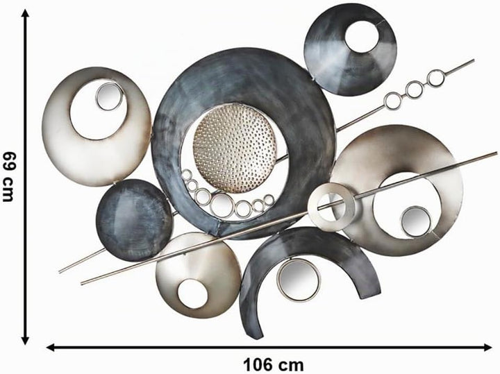 Kobolo Wandbild mit Kreisen und Spiegeln - Metall in den Farben grau und silber 114x66 cm, 114x66 cm