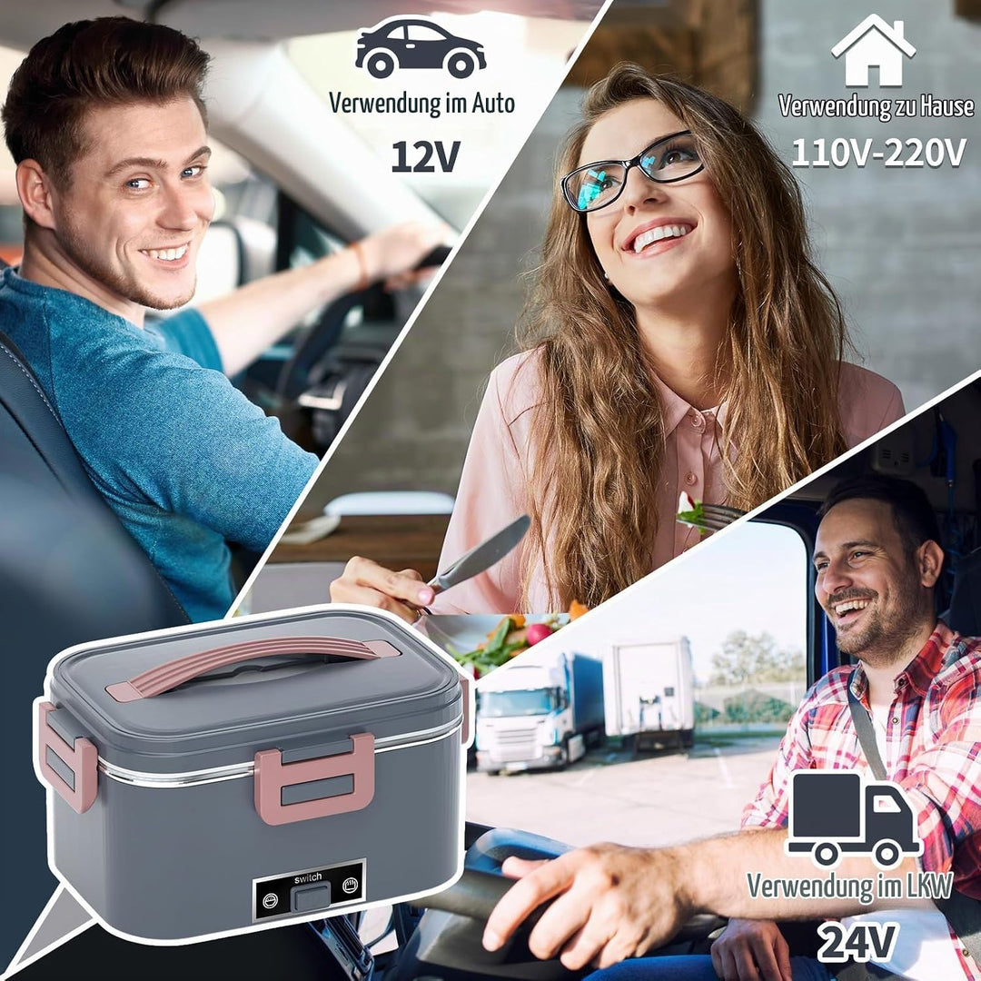 Elektrische Lunchbox 100W, 3-in-1 tragbare beheizte Lunchbox, Herausnehmbare Edelstahl-Brotdose, 12V