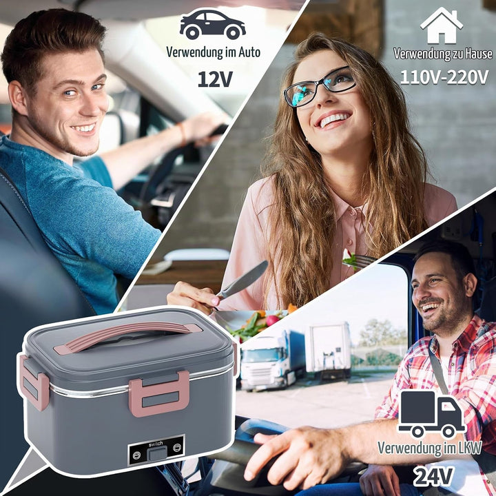 Elektrische Lunchbox 100W, 3-in-1 tragbare beheizte Lunchbox, Herausnehmbare Edelstahl-Brotdose, 12V