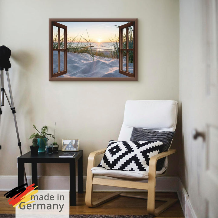 ARTland Leinwandbilder Wandbild Bild Leinwand 100x70 cm Fensterblick Strand Meer Sand Ostsee Dünen S