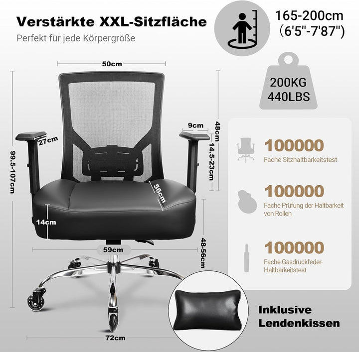 MELOKEA Bürostuhl 200KG XXL [Lendenkissen Inklusive], Schreibtischstuhl | Extrabreites &amp; Extradickes