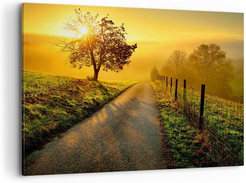 Bilder auf Leinwand 100x70cm Leinwandbild mit Rahmen Feld Strasse Baum Gross Wanddeko Bild Schlafzim