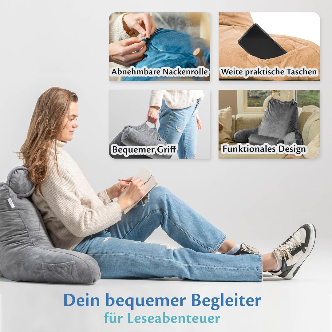 Ella Lesekissen für Bett und Sofa mit Abnehmbarer Nackenrolle - Rückenkissen Bett - Reading Pillow a
