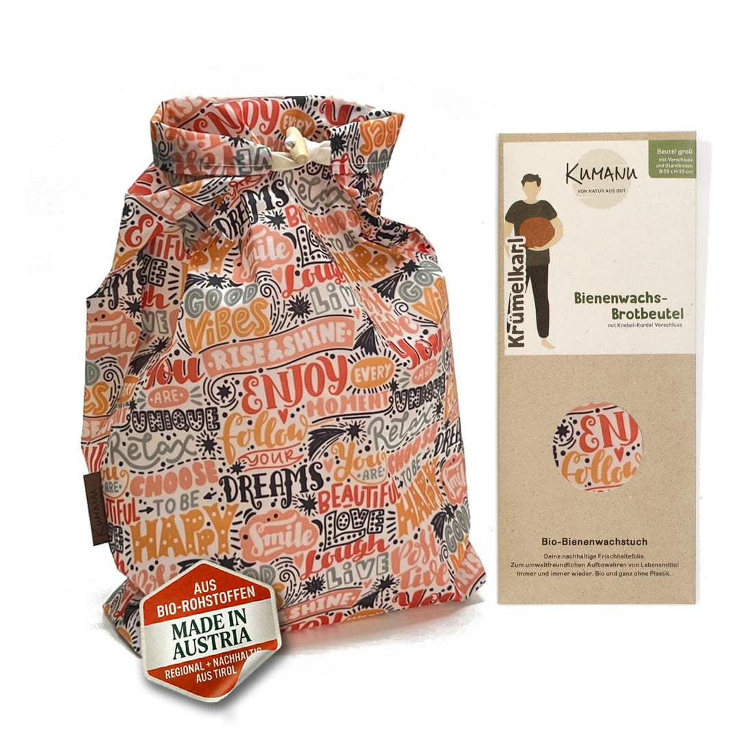 Kumanu |Bio-Bienenwachstuch - Brotbeutel KRÜMELKARL | H 35cm x B 29cm | mit Standboden und Verschlus