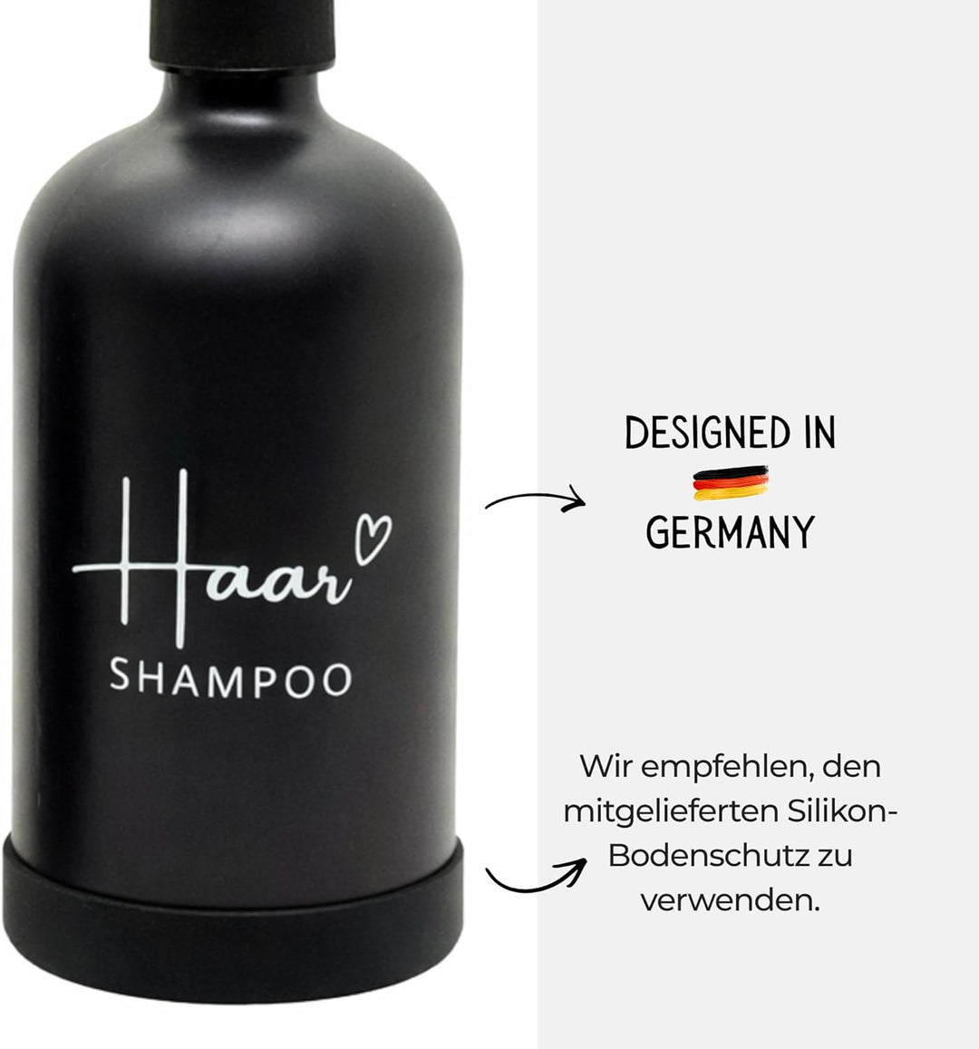 BoBoU Seifenspender Glas 2er Set Schwarz 500 ml Duschseife & Haarshampoo mit Deutscher Handschrift-B