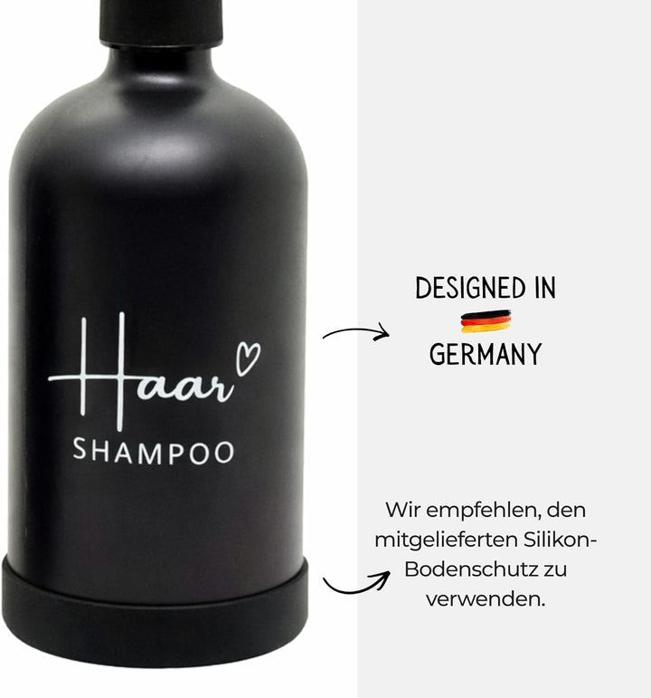 BoBoU Seifenspender Glas 2er Set Schwarz 500 ml Duschseife & Haarshampoo mit Deutscher Handschrift-B