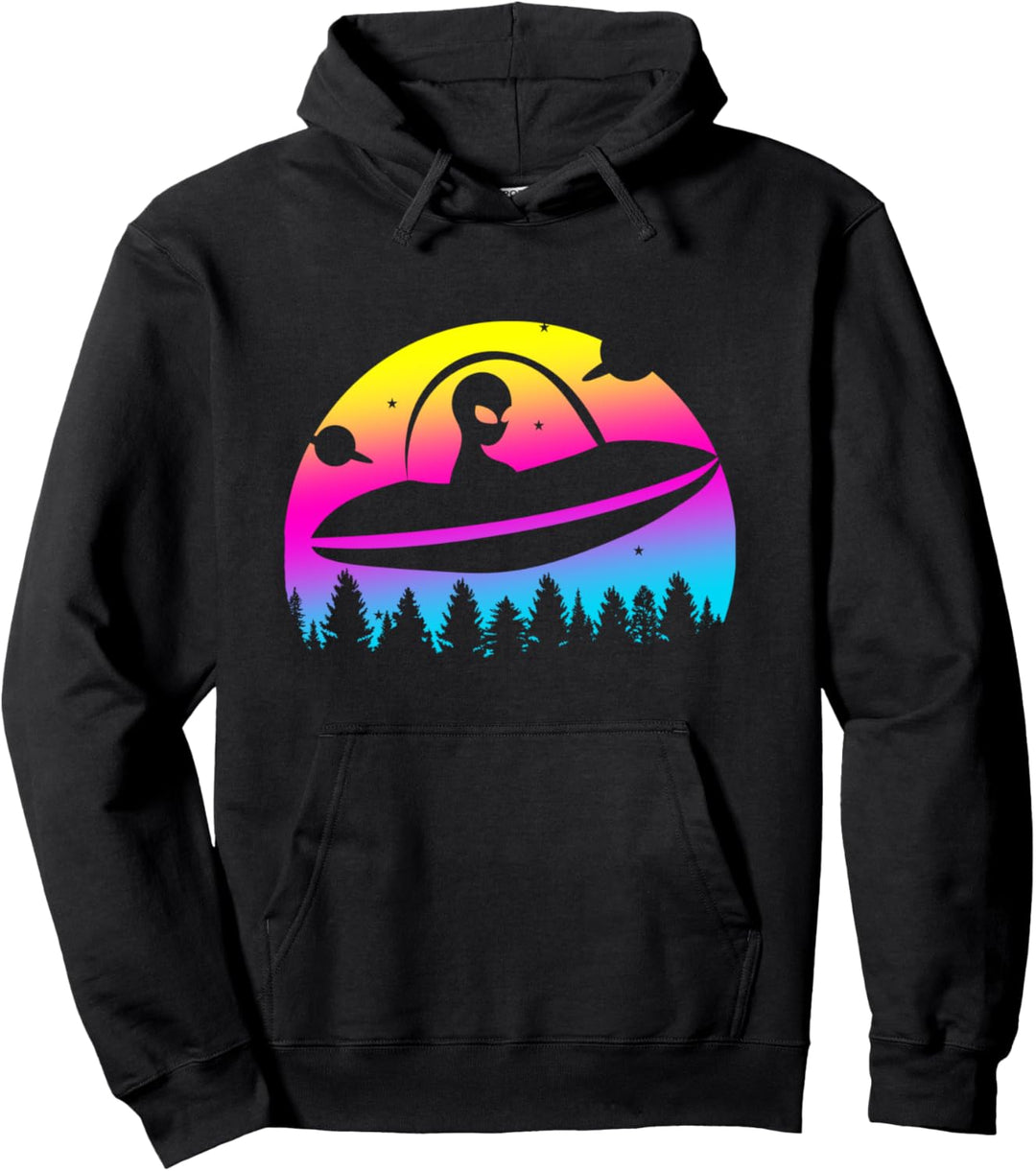 Alien Raumschiff UFO UAP Buntes Retro Sonnenuntergang Design Pullover Hoodie