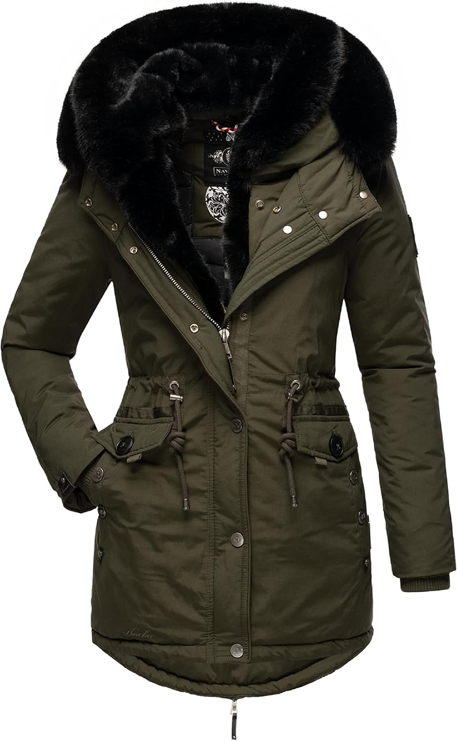 Navahoo Damen Warmer Winterparka mit doppelter Kunstpelz-Kapuze Sweety Deluxe XS-XXL XS Dark Olive,