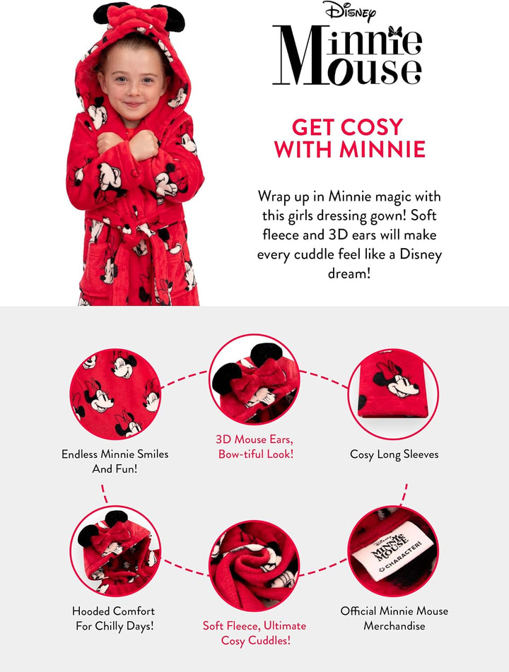 Disney Minnie Mouse Bademantel Kinder, Fleece Bademantel Mädchen Mit 3D Minnie Mouse Ohren, Morgenma