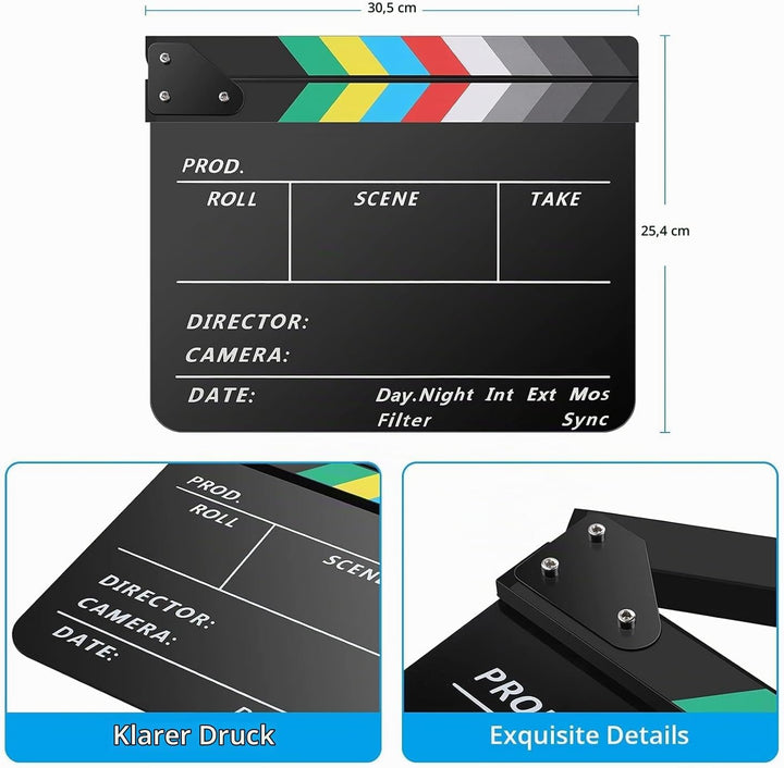 Temery Filmklappe, 30X25cm Regieklappe Synchronklappe Clapperboard mit 2 Pinsel, Leicht Abzuwischend
