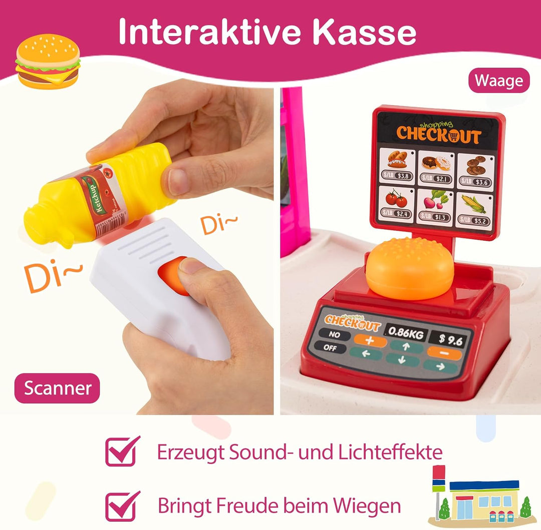 COSTWAY Kaufladen mit Einkaufswagen, Kinder Kaufmannsladen mit Waage, Regalen, Scanner mit Licht & S