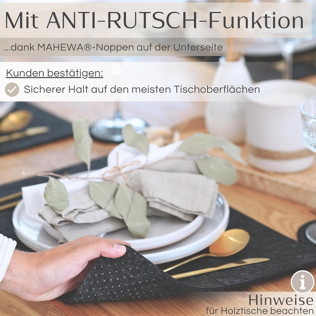 MAHEWA® 6er Set Premium Filz Tischset Platzset mit 6X Glasuntersetzer 1x Halter und 6X Bestecktasche