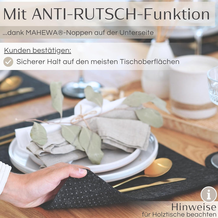 MAHEWA® 6er Set Premium Filz Tischset Platzset mit 6X Glasuntersetzer 1x Halter und 6X Bestecktasche