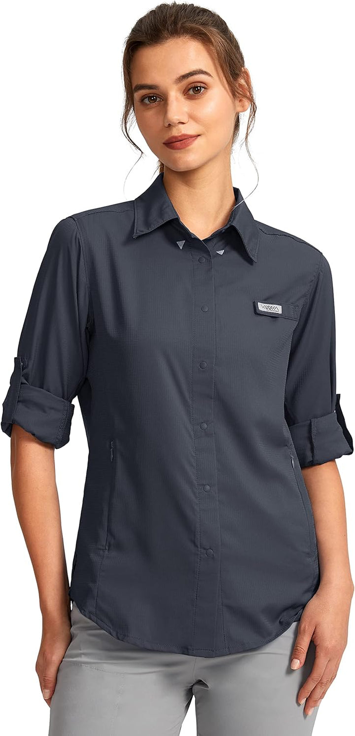 Damen-Sonnenschutz-Angelshirt mit Reissverschlusstaschen, leicht, LSF Langarm-Shirts für Wandern, Sa