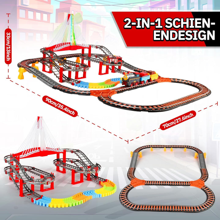 JONRRYIN Kinder Eisenbahnschiene Zug Spielzeug Set, Autorennbahn Spielzeug mit Zug&Autobahnautos, fü