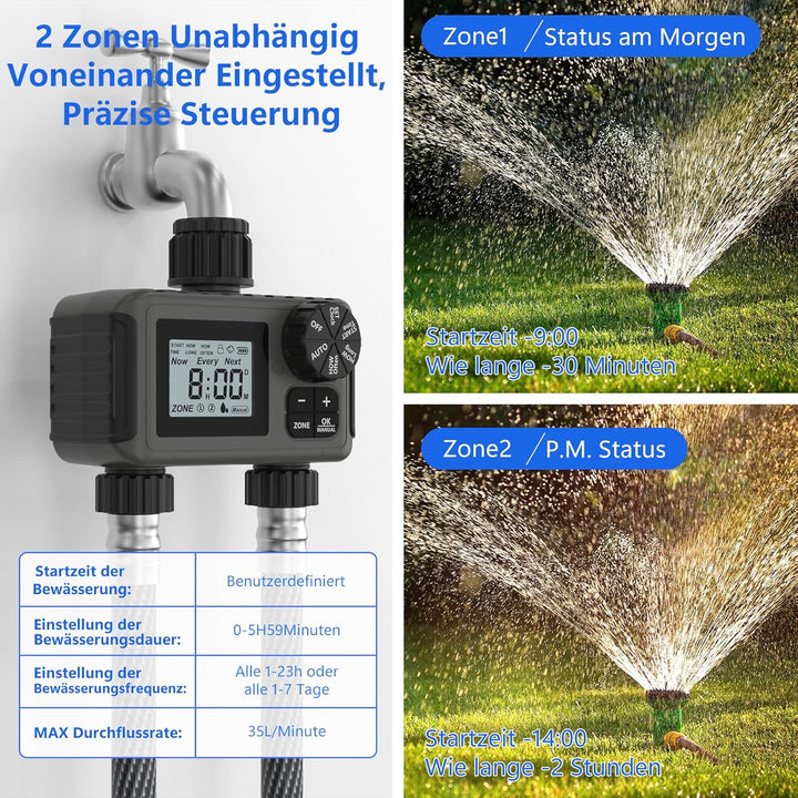 HITRENDS Bewässerungscomputer 2 Ausgänge, Grossem LED-Display, Bewässerungs-Timer mit Regenverzögeru