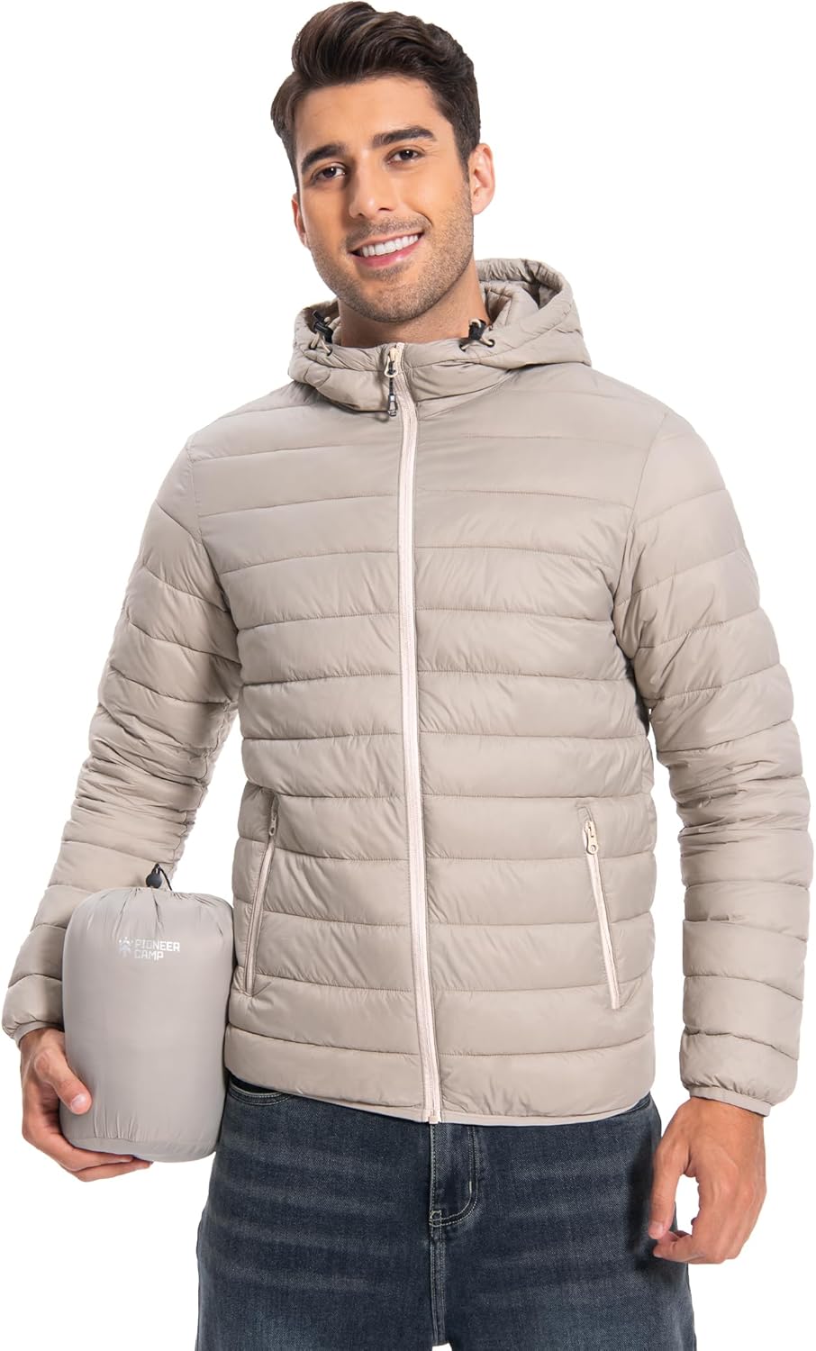 Herren Leichte Steppjacke Daunenjacken-Optik Übergangsjacke Outdoor Winterjacke mit 6 Taschen XL Kha