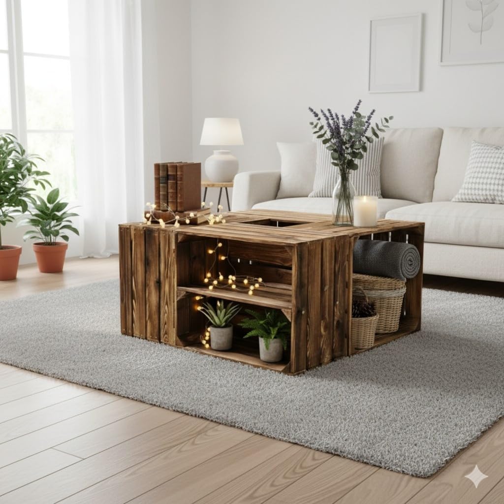 Massive Holzkisten als Schuhregal / Bücherregal LEICHT GEFLAMMT mit Zwischenbrett (verschraubt) Apfe