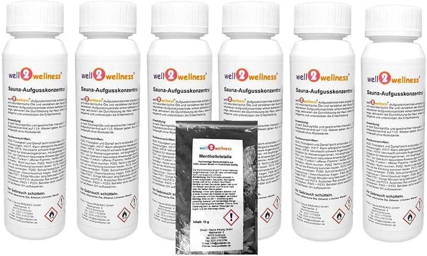 well2wellness® Saunaaufguss Set 'Probierset/Starter Set' 6 x 125 ml + gratis 10g Mentholkristalle Pr