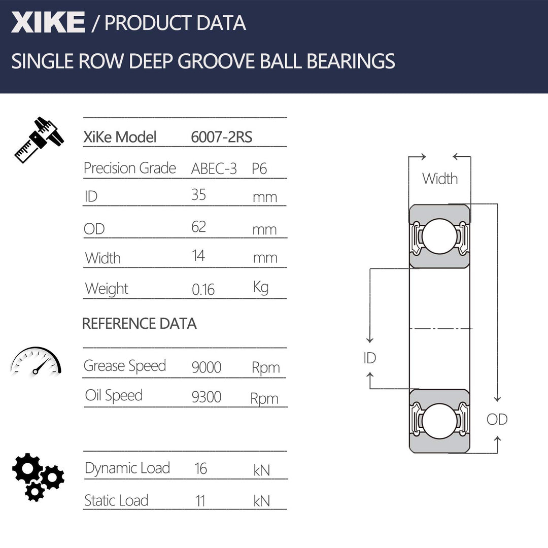 XiKe 6007-2RS kugellager 35x62x14mm (4er Pack) - 100Cr6 Lagerstahl & vorgeschmiert - Doppelte Gummid