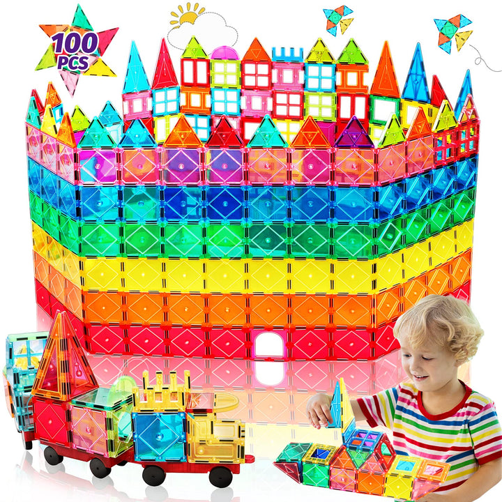 100PCS Magnetische Bausteine mit 2 Autos Magnetbausteine Kinder Magnetspiel Montessori Magnet Bauste