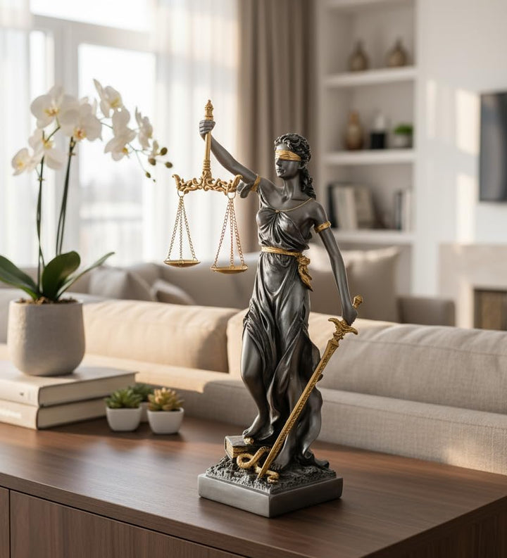 Veronese Figur der Justitia römische Göttin der Gerechtigkeit Gold silberfarben Skulptur Anwalt