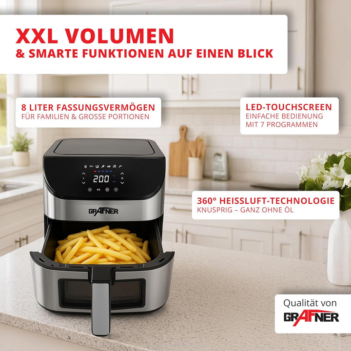 Grafner XXL Digitale Heissluftfritteuse 8 L, 100x Backpapier, LED Touchscreen, 7 Programme, 1800 Wat