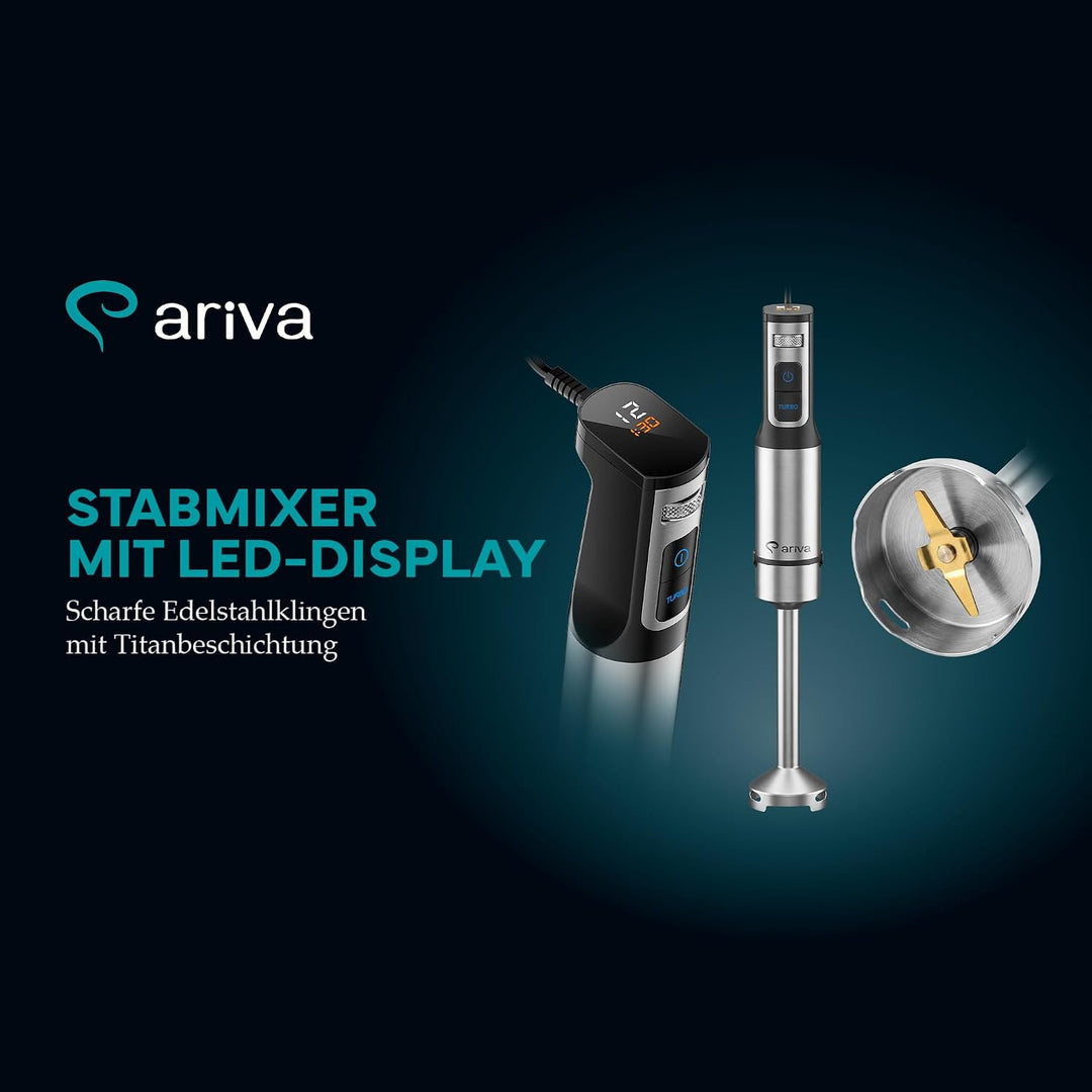 ARIVA Stabmixer 1200W Edelstahl – Handmixer mit LED-Display & Timer, Titan-beschichtete Klingen, 12