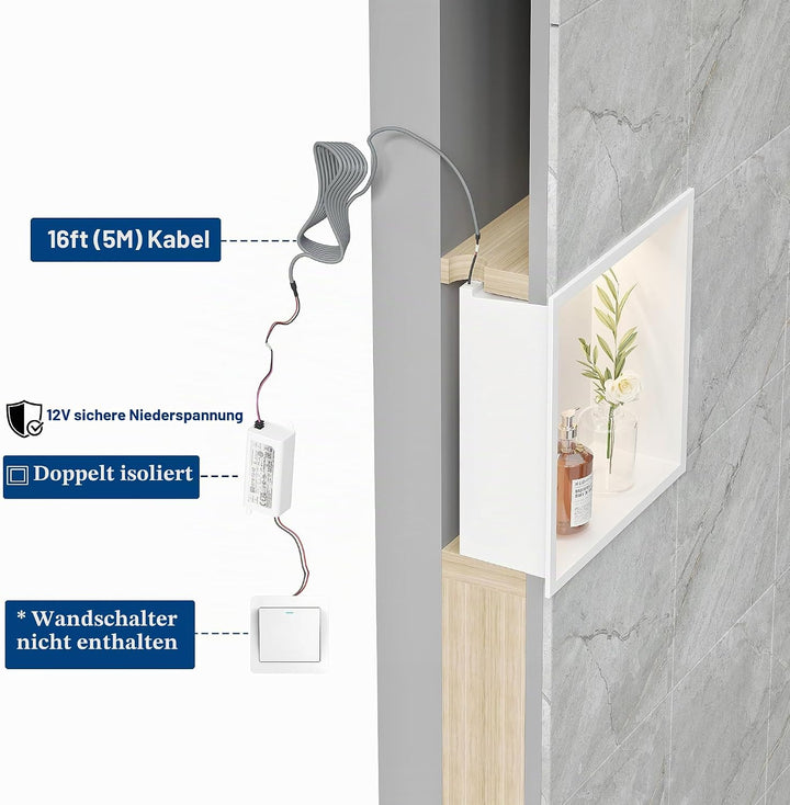 Wandnische Dusche Edelstahl mit LED-Licht, Eingebettete Duschnische Weiss Einzelregal Lagerung für B