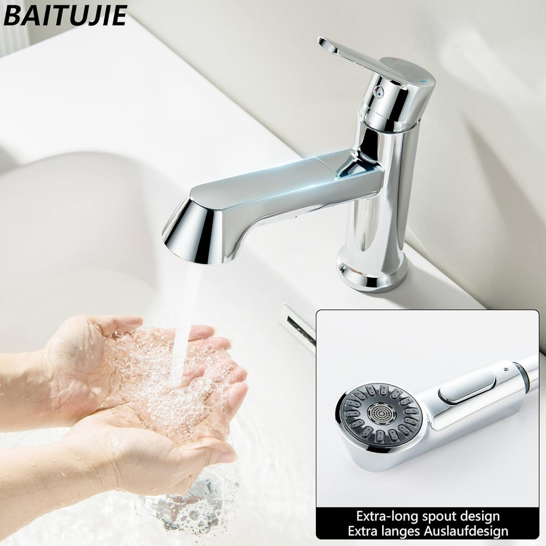 Waschtischarmatur ausziehbar mit Brause, Moderne Wasserhahn Bad Armatur mit 2 Strahlarten, Badarmatu