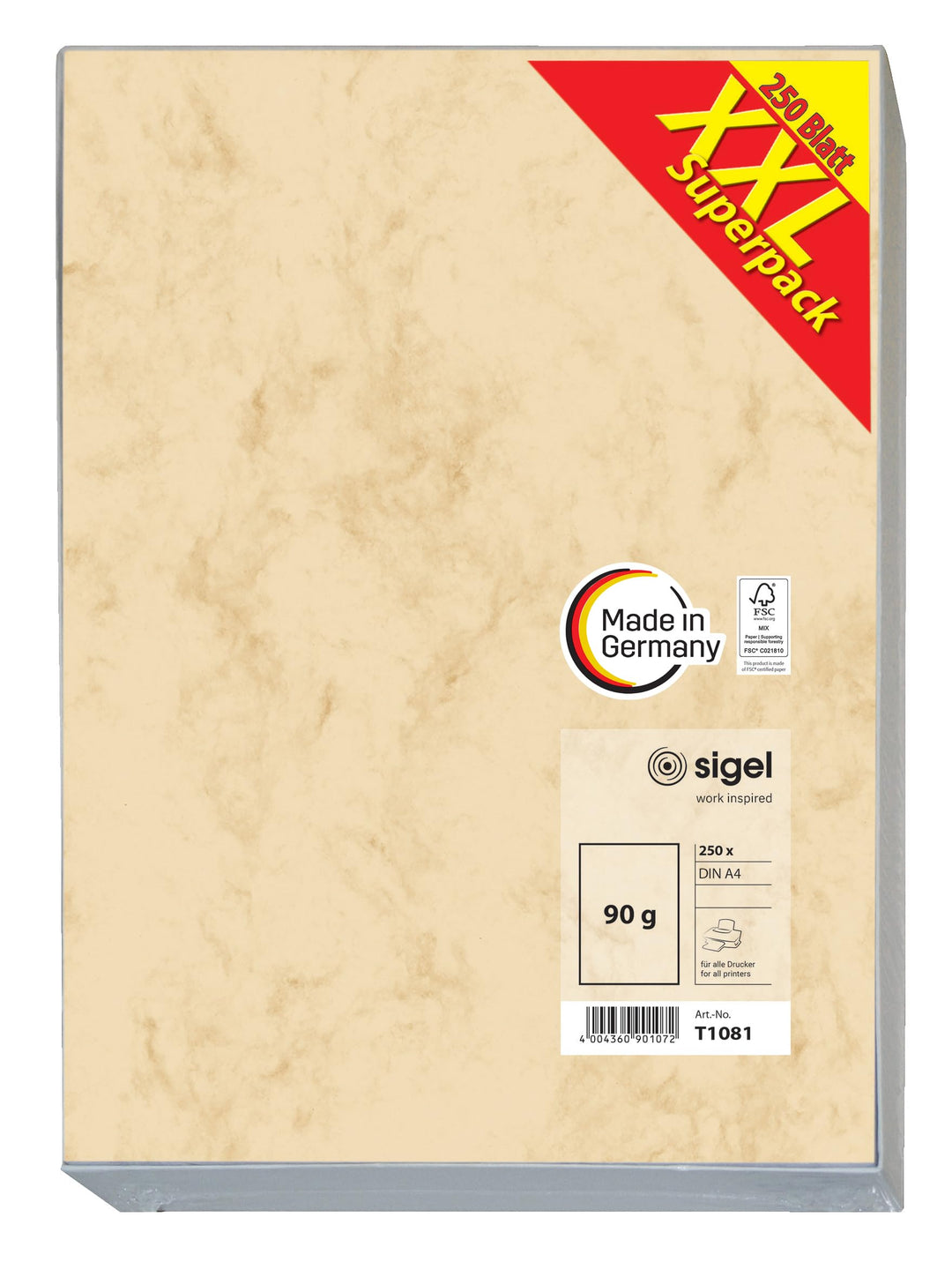 SIGEL T1081 Hochwertiges Marmor-Papier A4 beige (250 Blatt, 90 g) beidseitig marmoriert, Briefpapier
